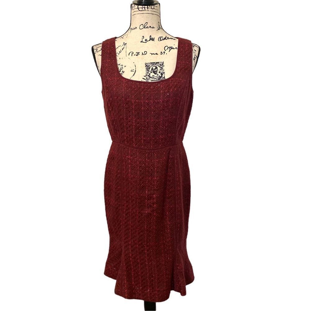 Tory Burch Women's Red Tweed Sleeveless Fluted Hem Sheath Dress Size 8